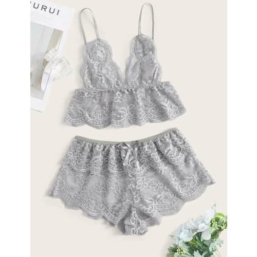 Women Sexy Lingerie Lace Suit Top+Shorts Lace Wavy Adjustable Strap Elastic Design Bedroom Pajamas