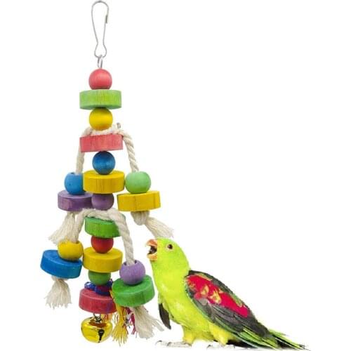 Bird Chewing Toy Parrot Wooden Colorful Blocks Bead Bird Cage Toy Parrot Hanging Rope Bite Resistant Interective Toys Supplies