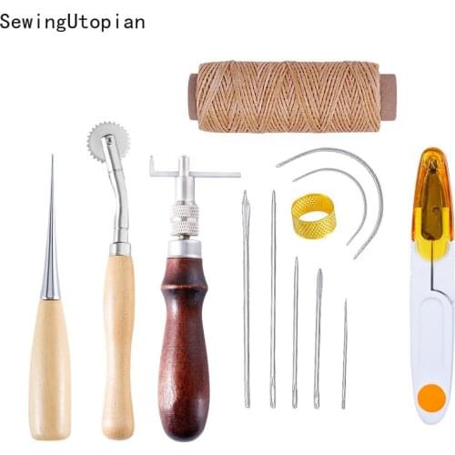13PCS Leather Craft Hand Stitching Sewing Tool Thread Awl Waxed Thimble Kit Leather Craft Tools Set