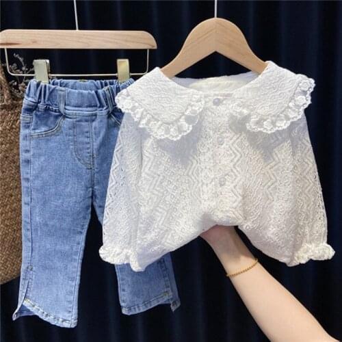 Baby Girls Clothes Sets Korean Lace Doll Collar Shirt Denim Flared Pants 2pcs For Girl 2 3 4 5 6 Y Children Summer Girl Sets