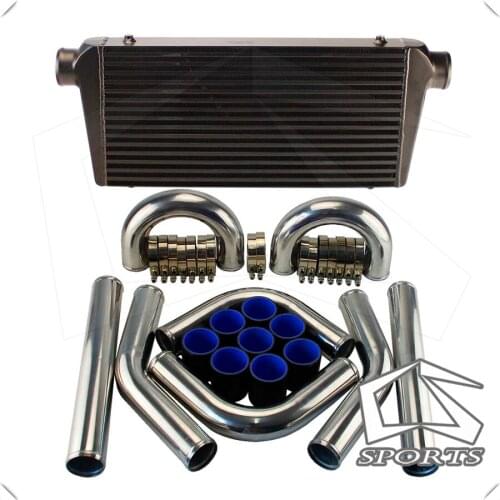 600*300*76mm Front Mount Turbo Intercooler Black + 3" Aluminum Piping Hose Clamps Kit