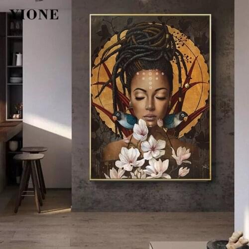 African Dreadlocks Girl Canvas Painting Vintage Art Black Woman with Flower Bird Poster Wall Picture Prints Living Room Decor