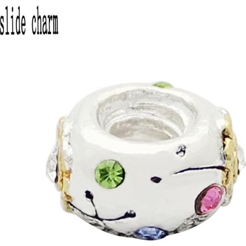 Slide charm Free shipping pink rhinestone charm silver plated beads thread Fit Pandora bracelet