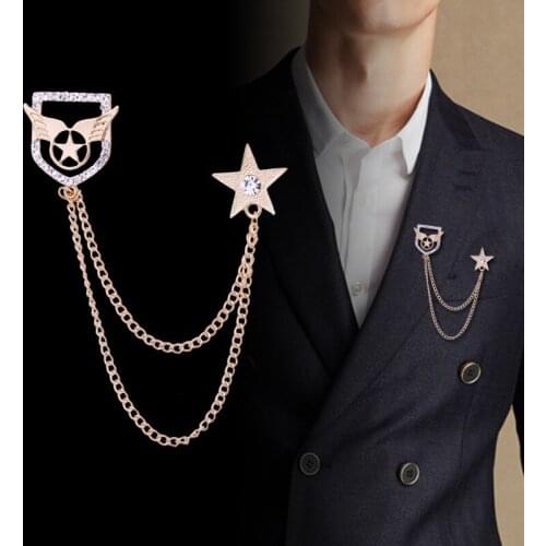 Korean Fashion Metal Star Shield Brooch Crystal Rhinestone Tassels Chain Collar Pin Ans Brooches Mens Suit Corsage Accessories