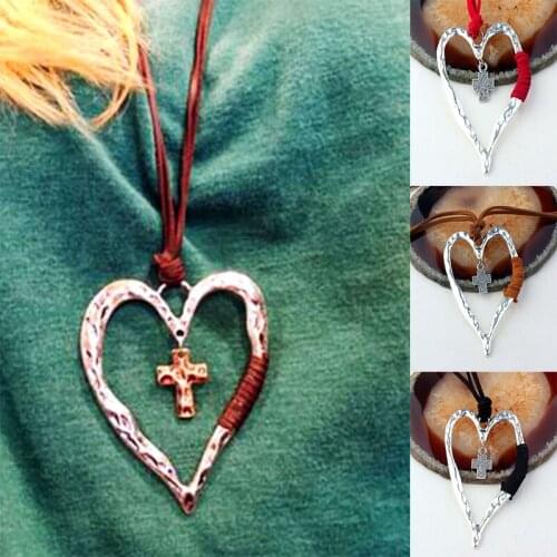 Long Necklace with Heart Cross Pendant, Large Silver Heart Pendant, Bohemian Jewelry, Velvet Rope Necklaces, Necklaces for Women