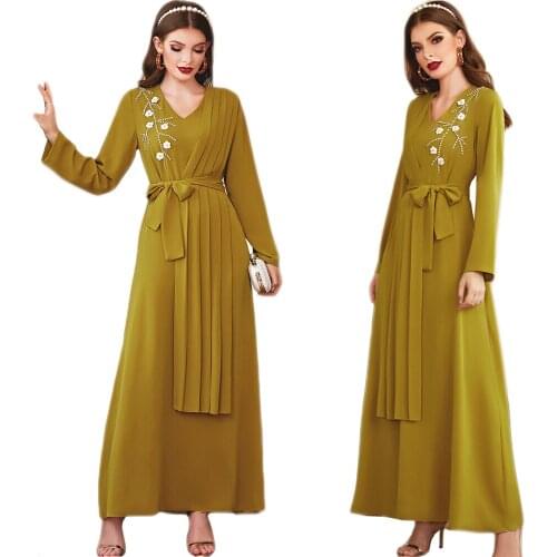 Dubai Elegant Beading Long Dress Casual V-neck Abaya Ramadan Islamic Vestido Muslim Women Arab Maxi Robe Gown Middle East Gown