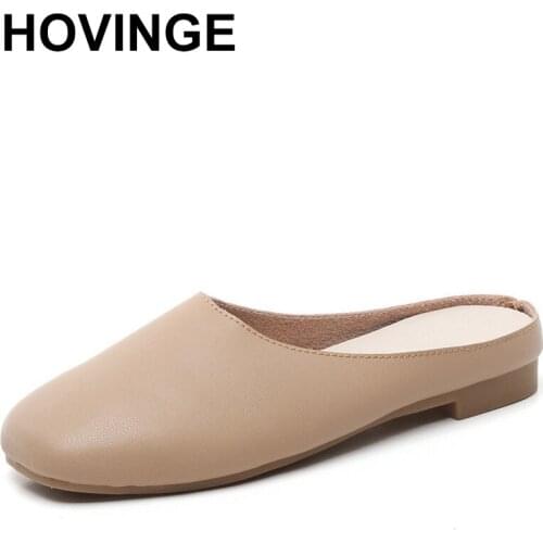 HOVINGE Genuine leather square toe mules slippers women soft bottom flip flops closed flat shoes naked ladies cowhide outerwear