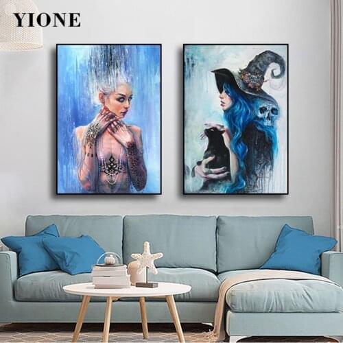 Abstract Girls Oil Paintings Witch Cat and Skull Butterfly Jellyfish Bird Woman Posters and Prints Wall Art Pictures for Bedroom
