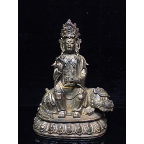 9"Chinese temple collection Old Bronze Cinnabar Lacquer Tara Manjushri Riding a lion statue Sitting Buddha Ornaments Town House