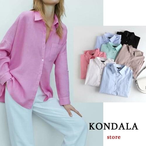 KONDALA Office Lady Oversized Long Shirts Women Za 2021 Chic Pink Single Button Casual Blouses Fashion Elegant Mujer Tops