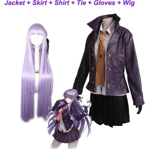 6 PCS Kyoko Kirigiri Cosplay Costume Danganronpa Dangan Ronpa Black Dress Skirt Set Women Clothing Suit Long Purple Wig Gloves