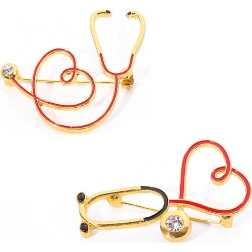 10pcs/Lot Fashion Stethoscope Rhinestone Heartbeat Shape Brooches for Hospital Nurse Doctor Medical Workers Badge Pins Gifts