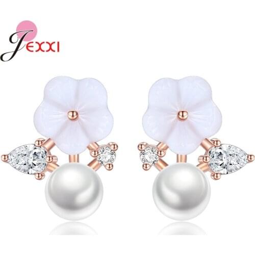Fashion White Flower Temperament Pearl Cubic Zirconia 925 Sterling Silver Stud Earrings For Women Fine Jewelry Bijoux Brincos