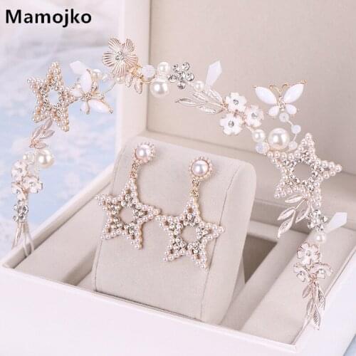 Mamojko Silver Pearl Crystal Star Bridal Jewelry Rhinestone Statement Earrings Crowns Set Wedding Hair Dress Accessories