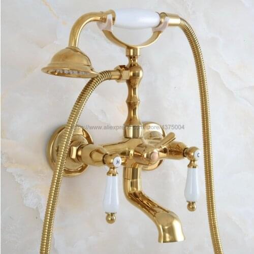 Wall Mounted Gold Color Brass Clawfoot Bathtub Faucet telephone style Bath Shower Water Mixer tap with Handshower Nna866