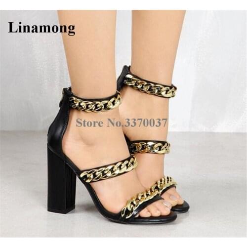 Newest Women Fashion Open Toe Gold Chain Design Chunky Heel Sandals Ankle Strap Think High Heel Sandals Dress Shoes
