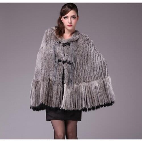 Autumn Ladies' Genuine Natural Knitted Rabbit Fur Stole with Hoody and Tassels Poncho Female Winter Wraps Cape VF0370