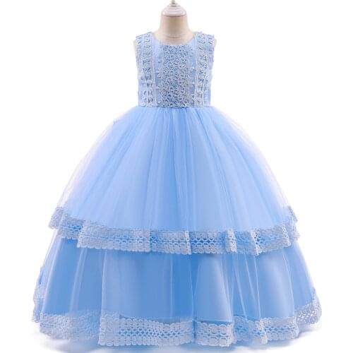 4-12 Years Kids Flower Princess Dress Blue Ballgown Kids Dresses For Girls Evening Party Dress Teenage Children Princess Dress