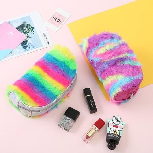 Rainbow Plush Cosmetic Bag Pencil Case Cute Large Capacity Pencil Box School Supplies Stationery Gift Women travel Makeup Bags