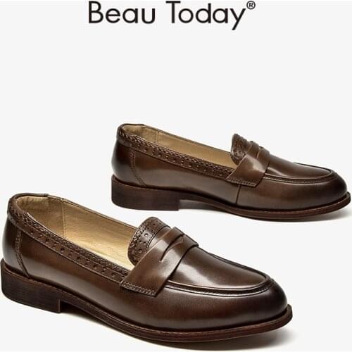 Penny Loafers Women Genuine Cow Leather Brougue Style Spring Flats Pointed Toe Slip On Lady Shoes Handmade BeauToday 27112