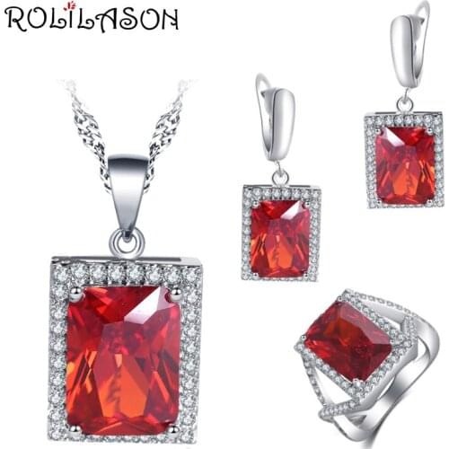 ROLILASON New Amazing Set For girl birthday Red Zircon Square Design 925 Silver Earrings Necklace Rings Jewelry Sets JS755
