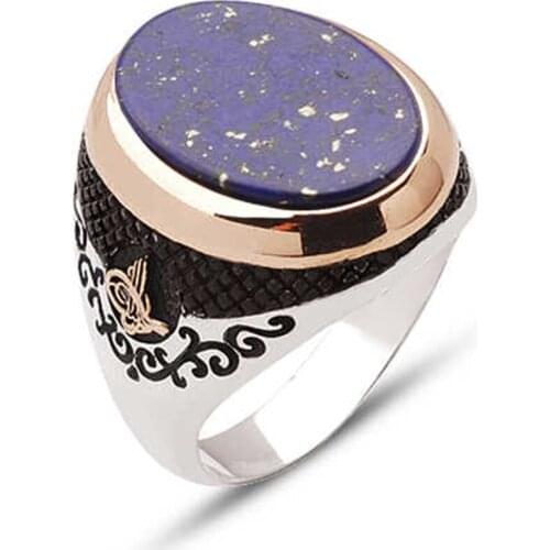Silver Spin Lapis Gemstone Ottoman Tuğralı Male Ring