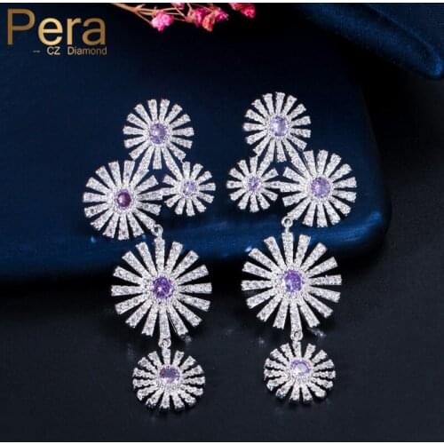 Pera Romantic Purple Amethyst Long Big Multiple Blooming Flower Link Drop Dangle Earrings for Women Costume Party Jewelry E516