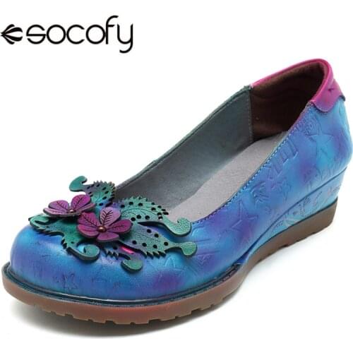 Socofy Genuine Leather Flat Shoes Women Casual Vintage Handmade Flower Low Heel Slip-on Loafers Women Shoes Plus Size Zapatos