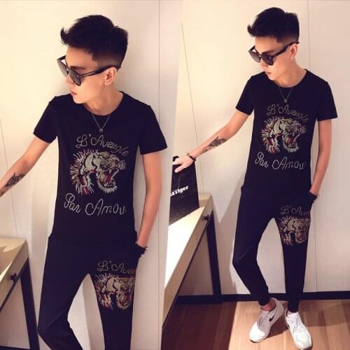 Spring High Quality Tracksuit Top And Pants Animal Print Short Sleeve T Shirt Two Piece Slim Fit Outfits Men Set