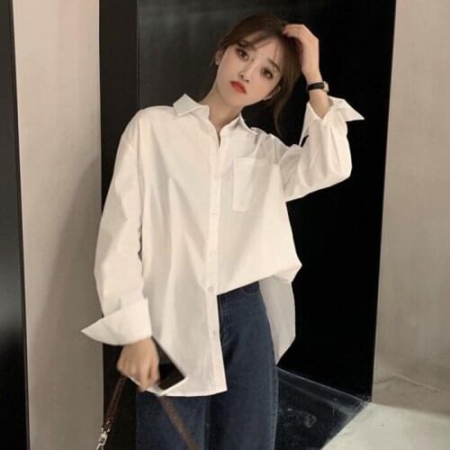 Womens Blouse White Irregular Design Polo Neck Pocket Long Sleeves Loose Tops Wholesale Spring Summer 2021 New Lady Clothing