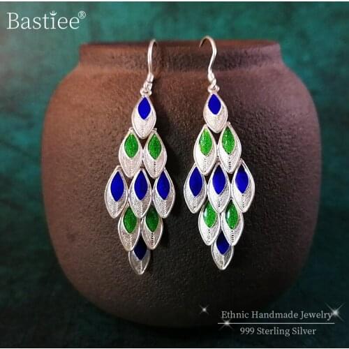 Bastiee 999 Sterling Silver Drop Feather Earing For Women Earrings Cloisonne Enamel Luxury Jewelry Green Blue Hmong Handmade