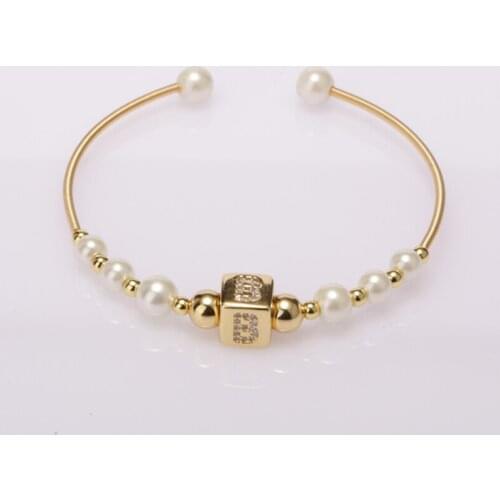 Gold white cz paved cube initial ABC 26 alphabet letter name charm pearl beaded adjustable open bangle cuff bracelets for women