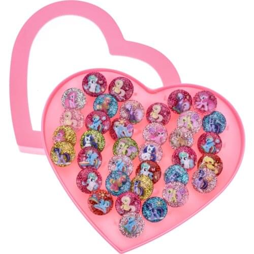 36pcs/lot Acrylic Chldren Unicorn Rings Sets With Heart Box For Women Colorful Open Adjustable Kid Finger Ring Jewelry Mix Style