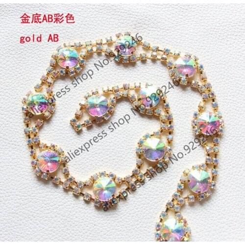 Free shipping 1 yard/pack 1.9cm shiny AB glass crystal gold metal chain fashion garment clothing accessory sewing-on dress trims