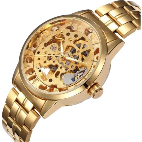 SHENHUA Luxury Mens Gold Tone Steel Transparent Watch Skeleton Automatic Mechanical Steampunk Male Clock Relogio Masculino