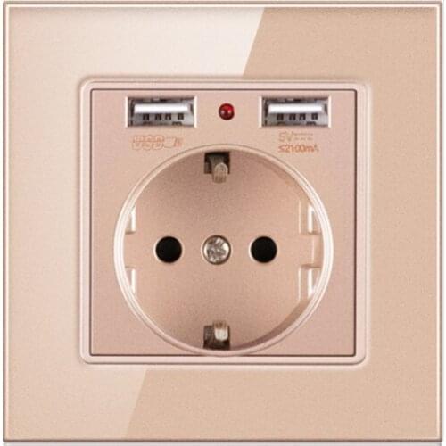 USB Electrical Socket German Standard Crystal Glass Panel Wall EU Socket Power USB Outlet AC110-250V 16A Gold