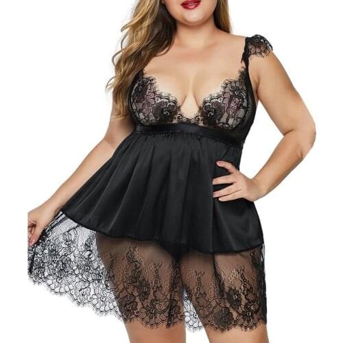 Hot Sexy Deep V Women Plus Size 2XL-5XL Lace Bow Lingerie Sleepwear G-String Thong Underwear Nightwear Nightdress
