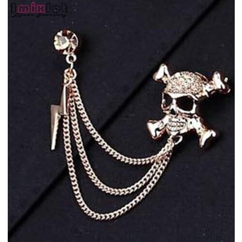 Imixlot Unisex Men Brooch Personality Skull Head Lightning Chain Tassel Brooches Pin Badge Mens Suits Badge
