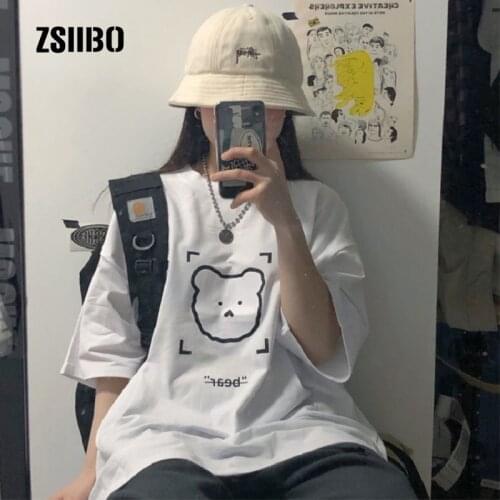 Korea Ulzzang bear cartoon kawaii clothes sweet print tees punk casual loose hip hop Harajuku tops plus size goth female t-shirt
