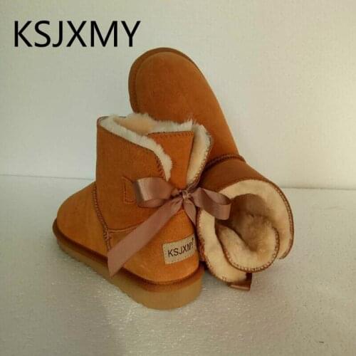 KSJXMY Brand Women Snow Boots 100% Short Bowknot Genuine Leather Snow Boots Winter Warm A Bow Shoes For Australia Ankle Boots