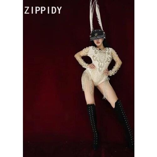 2019 Fashion Bright Rhinestones Pearls Beading Tassel Mesh Sleeves Bodysuit Womens Celebrate Outfit Nightclub Dance Bodysuit