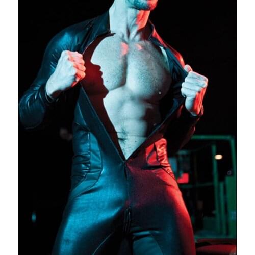 Men Sexy Wetlook Faux Leather Latex Catsuit Bodysuit Hot Erotic Lingerie zentai gay fetish Wear pvc costume Open Crotch Clubwear