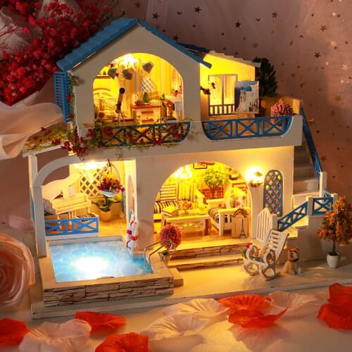DIY Casa Wooden Dollhouses Kit Miniature with Furniture Swimming Pool Doll House Assembled Cottage Toys for Children Girls Gifts