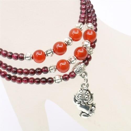New 3row 4mm Natural Wine Red Garnet Stone Tibetan Silver Kirin Pendant Round Beads Womens Jewelry Bracelet Fashion Gift Y699