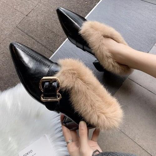 Winter New Thick Heel Pointed Belt Buckle Hair Plus Cotton Womens Retro Warm Mid-heel Wear-resistant Womens Shoes Boots W22-74