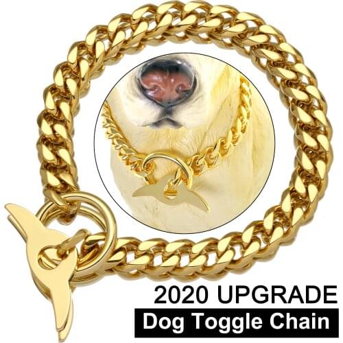 NIKPET Dog Choke Chain Collar 18K Cuban Link Chain 15MM Strong Heavy Duty Chew Proof Adjustable Training Walking Collar with Tog