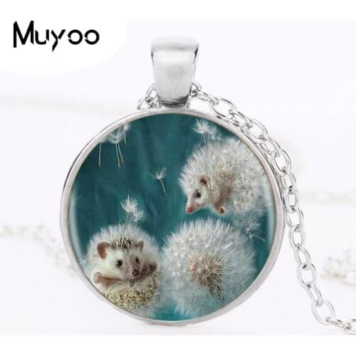 Dandelion And Hedgehog Round Pendant Necklace Long Chian Statement Handmade Vintage Necklace HZ1
