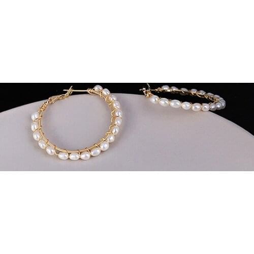 Simple Plain Gold Color Metal Freshwater Pearl Hoop Earrings Fashion Big Circle Hoops Statement Earrings for Women Party Jewelry