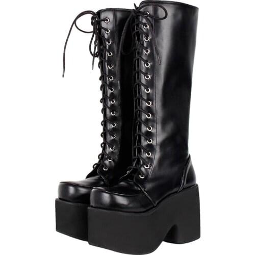 Angelic imprint handmade Women motorcycle cool punk boots lady lolita shoes woman high heels pumps big wedges heel 33-47 9712