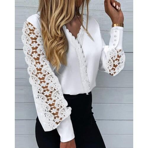 Women Sexy Crew Neck Button Mesh Design Tops Lace Patchwork Hollow Out T-Shirt Long Sleeve Spring Fashion White Vintage T Shirts